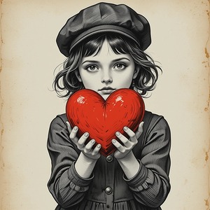 Vintage Black-and-White Etching-Style Art Print – Girl with Red Heart Early 20th-Century Inspired Portrait