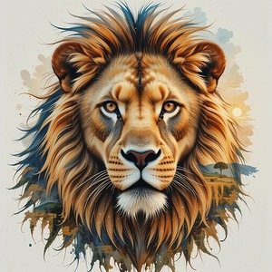 Lions Face Merging with the Golden Savannah at Dusk 