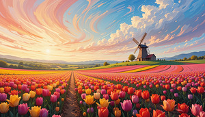 Vibrant Spring Tulip – Serene Countryside Bloom with Windmill and Swirling Sky