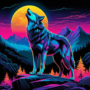 Neon Wolf Howling – Vibrant Glowing Illustration of Majestic Wolf on Rocky Outcrop