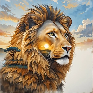 Lions Face Merging with the Golden Savannah at Dusk 