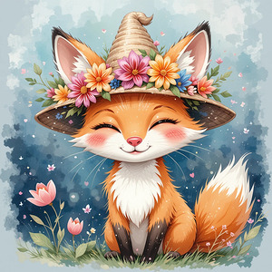 Whimsical Cartoon Fox with Flower Hat Playful Watercolor Design