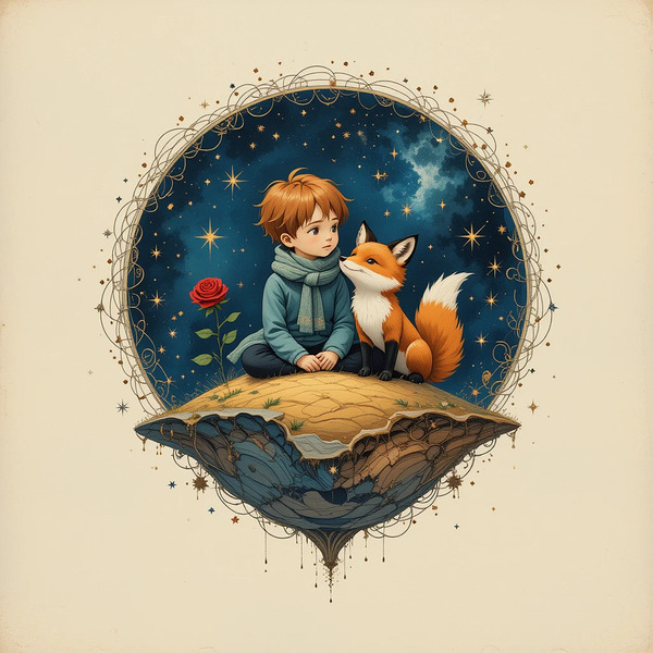 Boy and Fox on a Tiny Round Planet with Red Rose Vibrant Colors Beige Background Twinkling Stars and Intricate Details Perfect for Nursery Kids Room. Print
