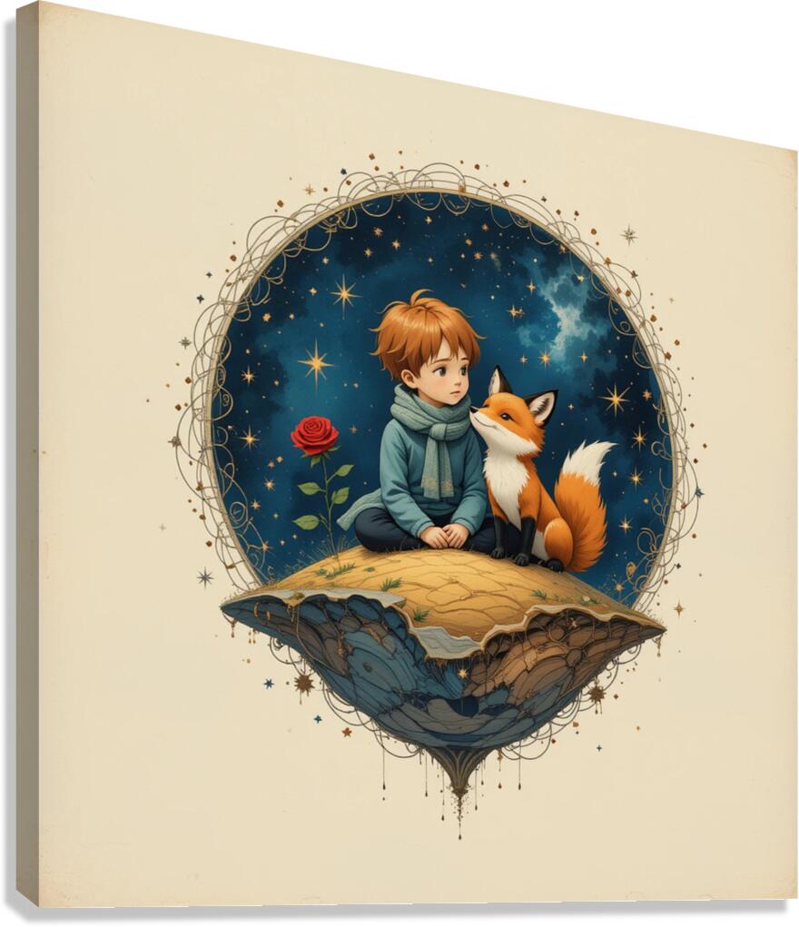 Boy and Fox on a Tiny Round Planet with Red Rose Vibrant Colors Beige Background Twinkling Stars and Intricate Details Perfect for Nursery Kids Room. Canvas Print