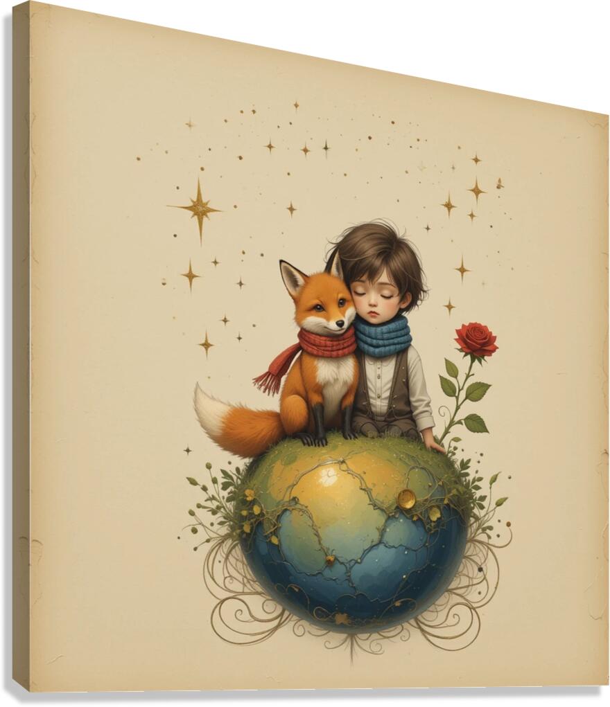 Boy and Fox on a Tiny Round Planet with Red Rose Vibrant Colors Beige Background Twinkling Stars and Intricate Details Perfect for Nursery Kids Room. Canvas Print