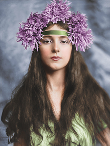 Evelyn Nesbit with Chrysanthemums on her head . Restored and colorized.