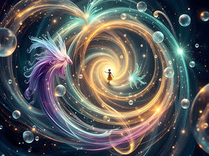 Interdimensional Soul Journey with Ethereal Phoenix Through Cosmic Vortex