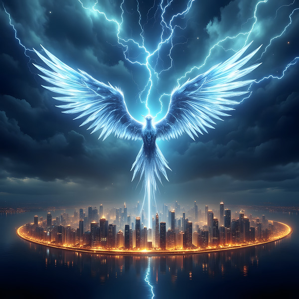 Thunderbird Lightning Storm Above Illuminated Circular Metropolis by David Enders