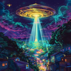 The Visitation Retrofuturistic UFO Scene with Atmospheric Detail