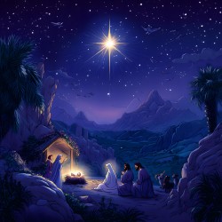 Christmas Nativity Scene – Baby Jesus Under the Star of Bethlehem in Bethlehem Night Sky
