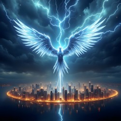 Thunderbird Lightning Storm Above Illuminated Circular Metropolis