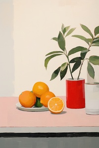 image of a *minimal space kitchen counter* fruit basket on it zoom out aesthetic retro aesthetic minimalist starkness oil painting   ar 2:3