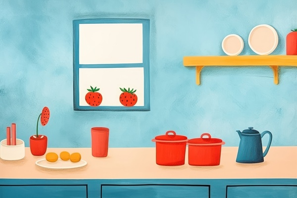 Minimal and simplified kitchen scene childrens book illustration style acrylic paint aesthetic overlay on paper texture   ar 3:2   no object by Nora studio