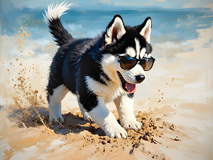 Husky Puppy Digging Excitedly In Beach Sand