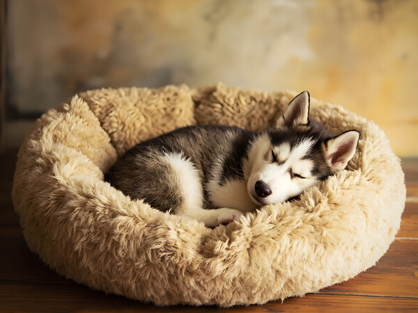 Sleepy Husky Puppy Napping In Corner Of Giant Bed by Puppy Prints