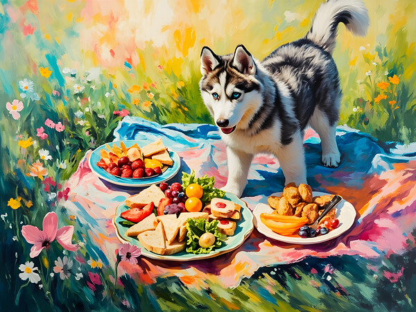 Husky Puppy Discovers Picnic Spread by Puppy Prints