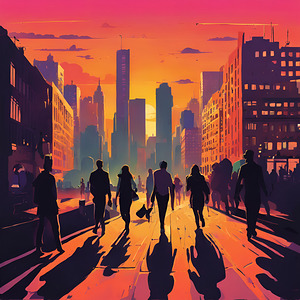 0 1.   Vibrant cityscape at sunset with silhouett