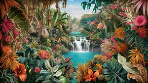 A breathtaking and vibrant illustration of an exotic tropical paradise