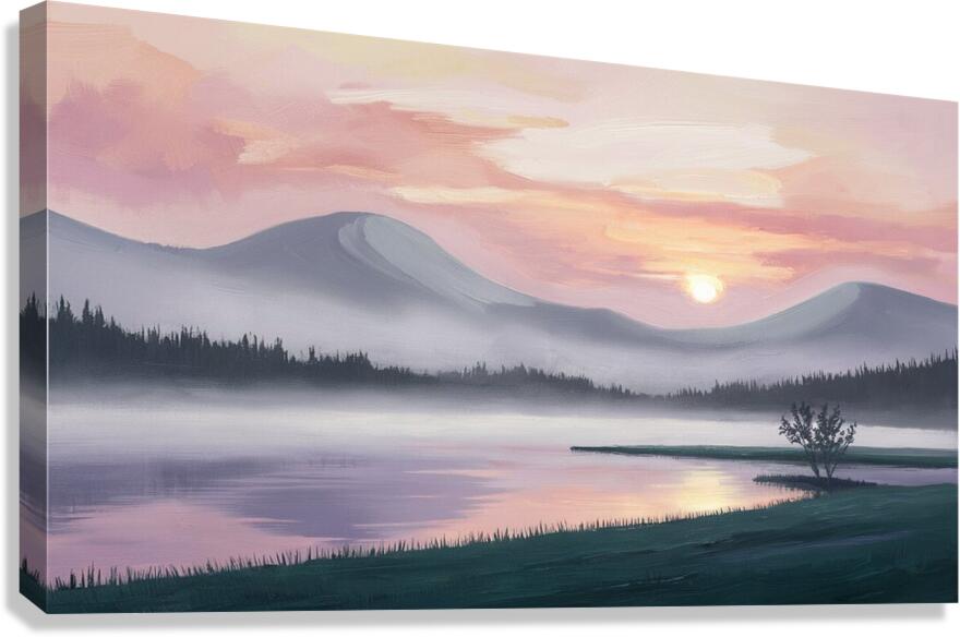A misty mountain range and a tranquil lake at sunrise Canvas Print