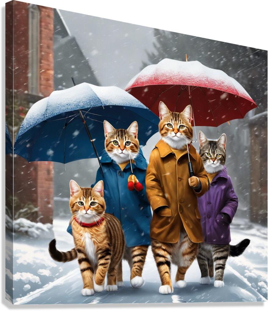 Cats with umbrellas on snowy day wall art Canvas Print