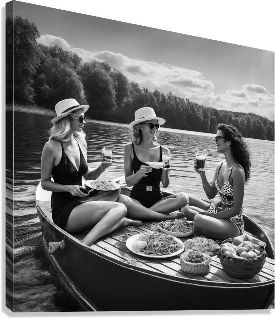 Elegant women enjoying a boat picnic wall art Canvas Print