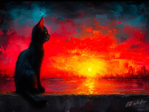 Cat Looking At Sunset Print