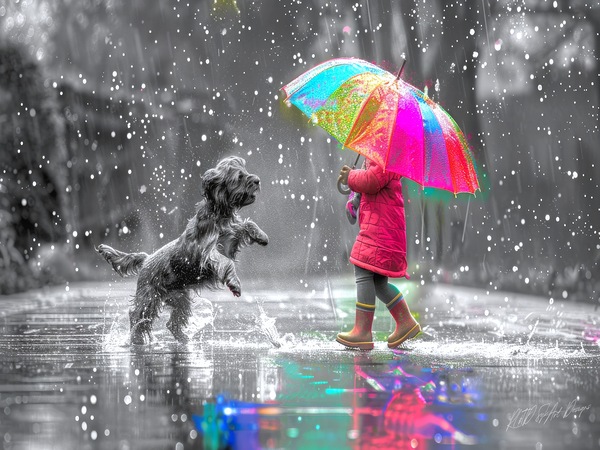 Girl With Umbrella In Rain Print