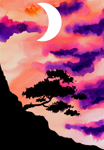 Mountain Tree Sunset and Moon