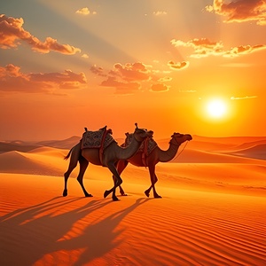 Camels walking in the desert