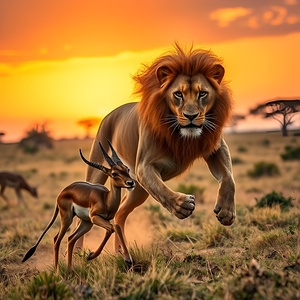 A lion attacks a gazelle