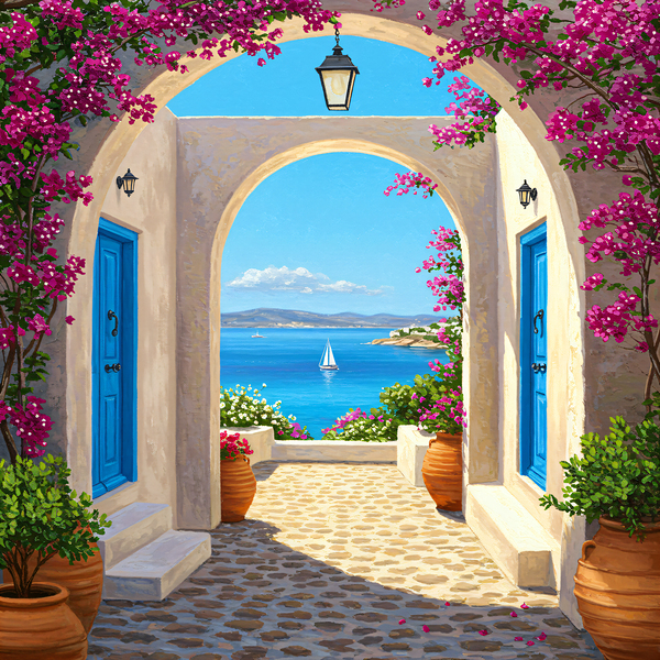 Mediterranean archway with bougainvillea blue doors and a view of the sea with a sailboat. Print