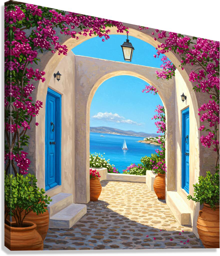 Mediterranean archway with bougainvillea blue doors and a view of the sea with a sailboat. Canvas Print