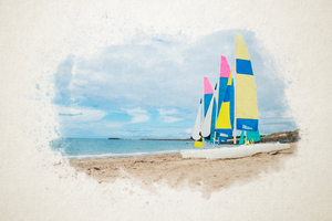 Watercolor of sailing boats on the beach 