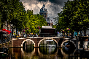Amsterdam Canal View Basilica of St. Nicholas Church