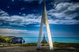 Normandy Etretat Monument and Church Cliffs