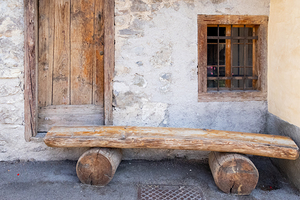 Italian Dolomite Mountains Old Wood Door and Bench