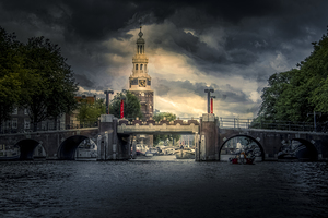 Montelbaanstoren Clock Tower Sunset