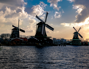 Three Windmills at Sunset