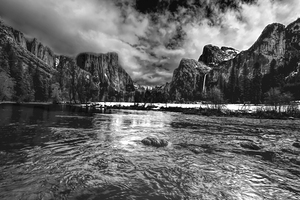 Yosemite Merced River Valley View in Black and White.