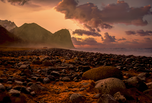 Lofoten Unstad Beach  Boulders at Winter Sunset  Print