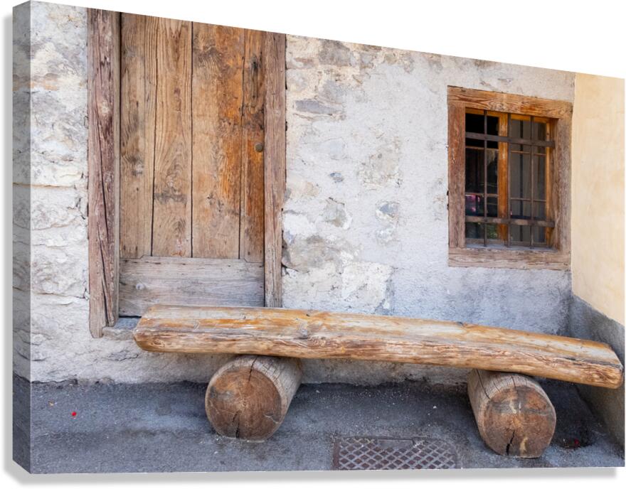 Italian Dolomite Mountains Old Wood Door and Bench Canvas Print