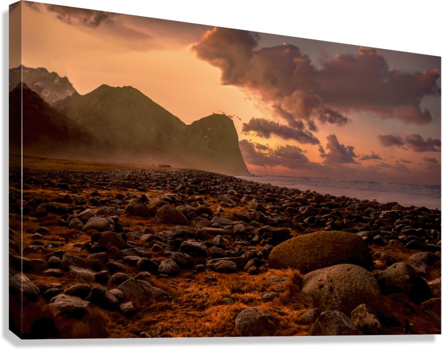 Lofoten Unstad Beach  Boulders at Winter Sunset  Canvas Print