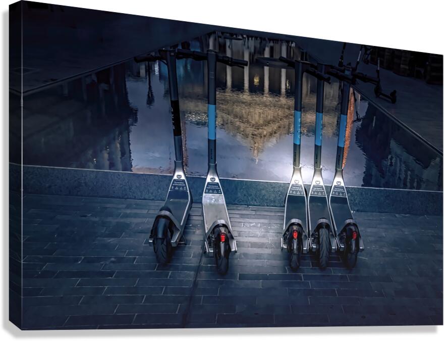 Brussels Stock Exchange and Scooters Reflection Canvas Print