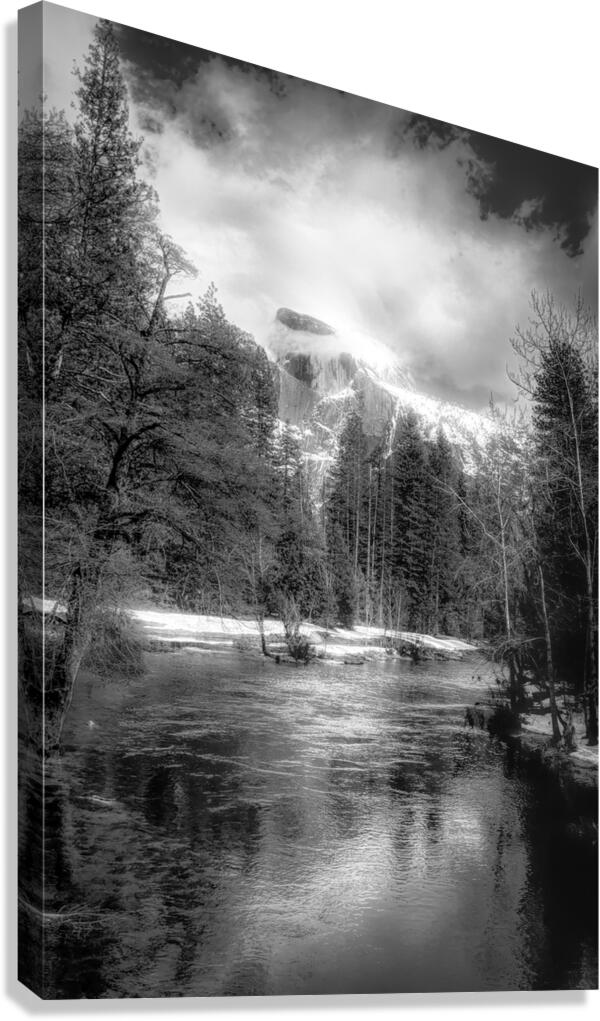 Illuminated  Vertical Yosemite Half Dome in Black and White Canvas Print