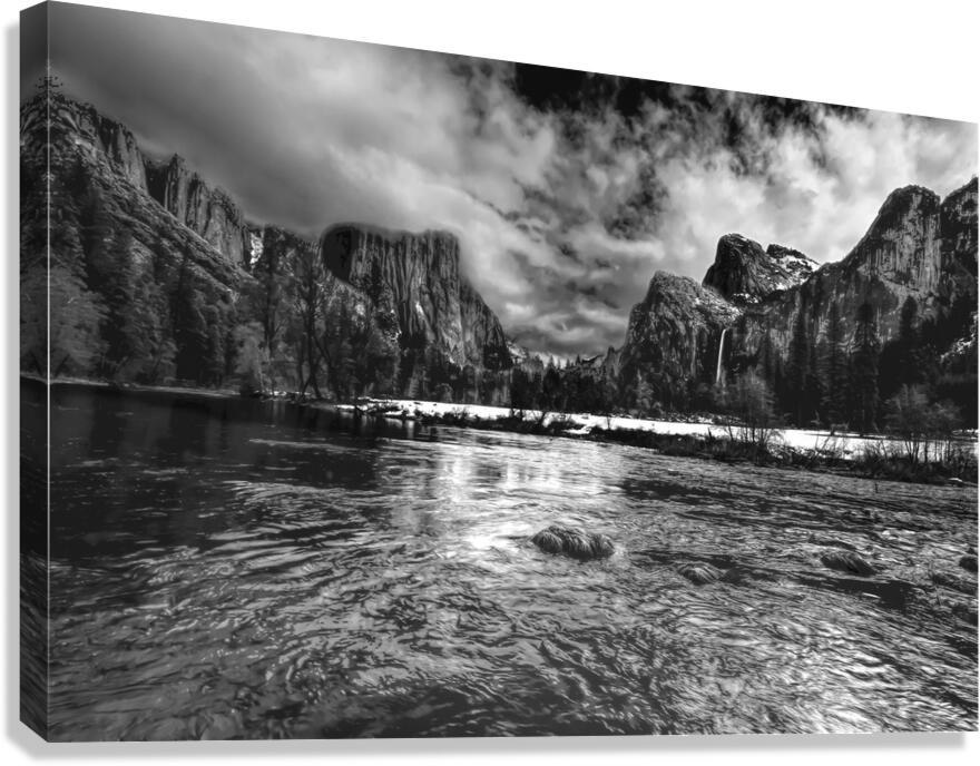 Yosemite Merced River Valley View in Black and White. Canvas Print