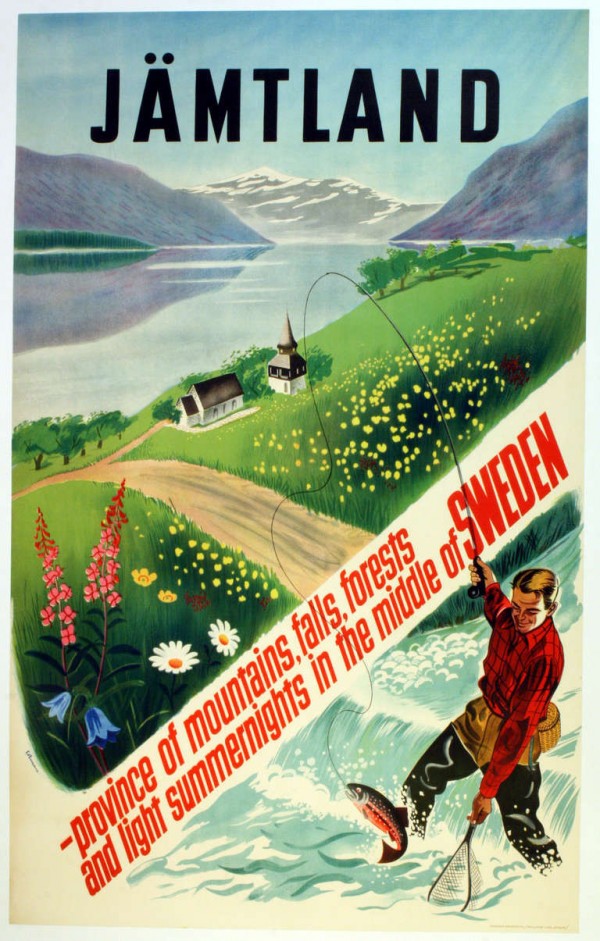 Fishing in Jamtland Sweden Original Vintage Travel Advertising Poster Print