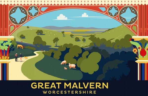 Great Malvern Worcestershire vintage travel poster style illustartion Print