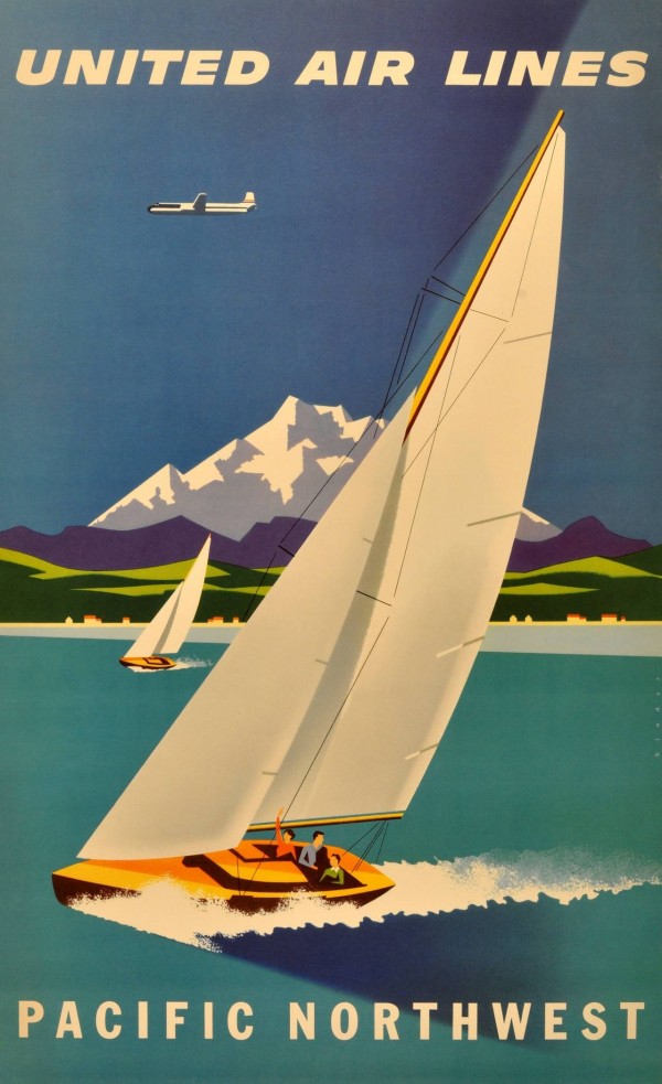 Original vintage travel advertising poster for United Airlines Pacific Northwest Print