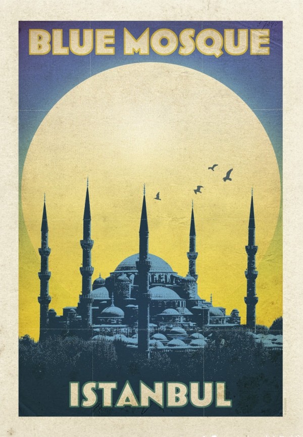 Turkey Blue Mosque Istanbul vintage travel poster Print
