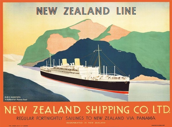 Vintage travel advert for transport to New Zealand via Panama Print